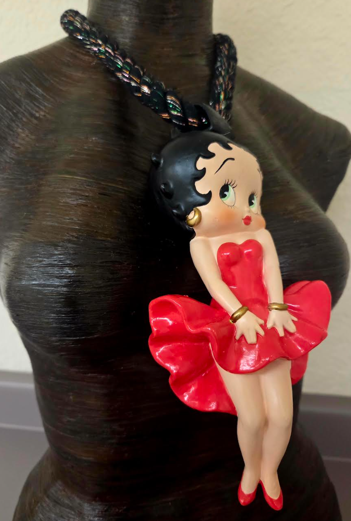 Betty Boop Figurine Pendant With Black Cotton Rope & Metallic Threads