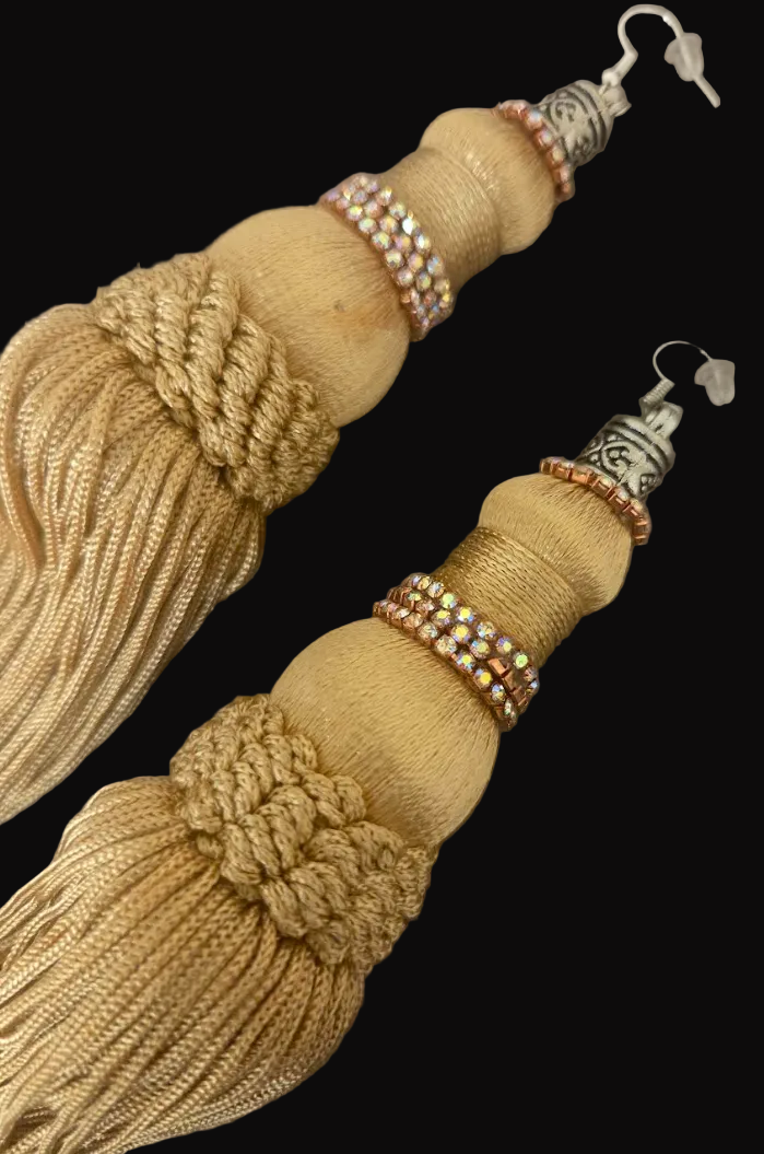 Huge Gold Tassle Pierced Earrings with Aurora Borealis Trim - OOAK
