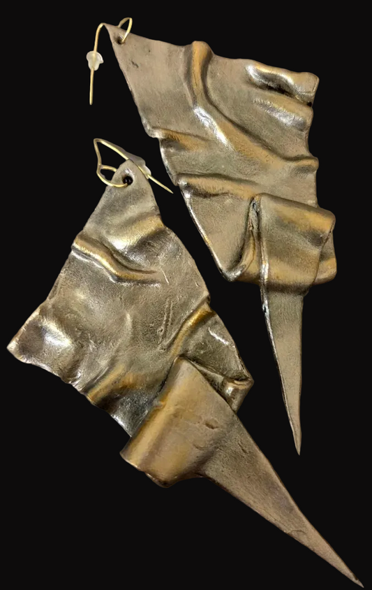 Hand Sculpted Brutalist Faux Metal Pierced Earrings - OOAK