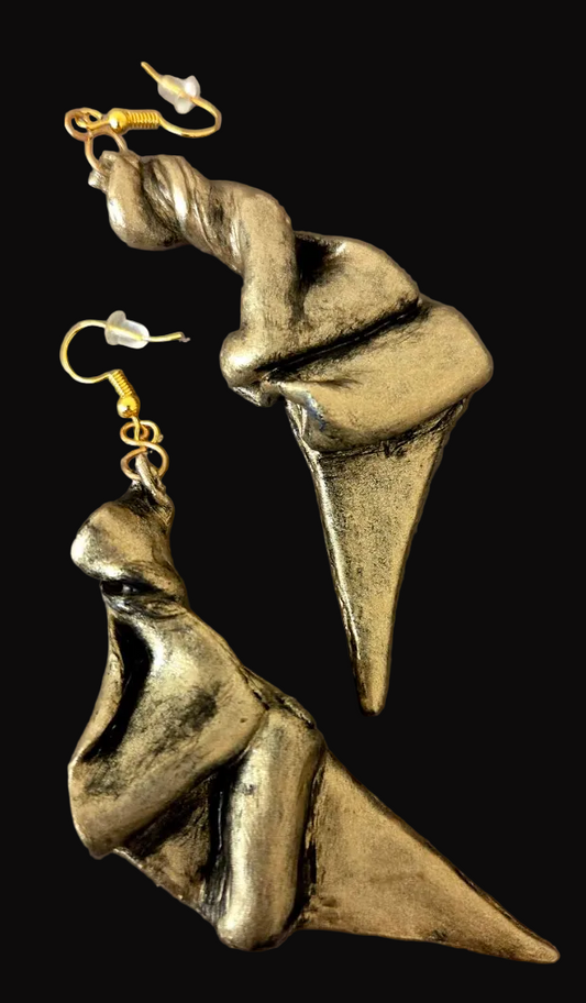 Faux Gold Metal Hand Sculpted Art Deco Style Pierced Earrings - OOAK