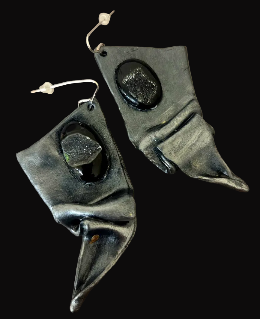 Draped & Folded Faux Gunmetal Pierced Earrings - Black Druzy Agate