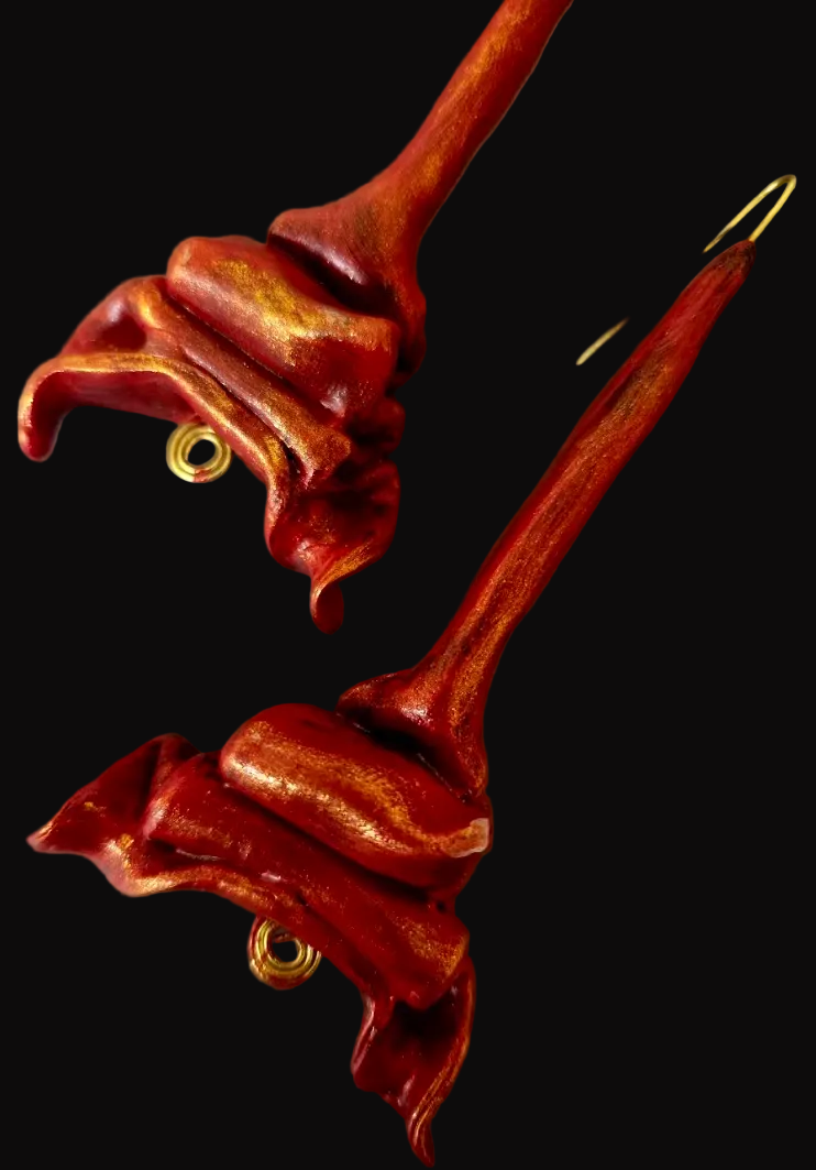 Hand Sculpted Fiery Red & Gold Shoulder Duster Pierced Earrings - Hot