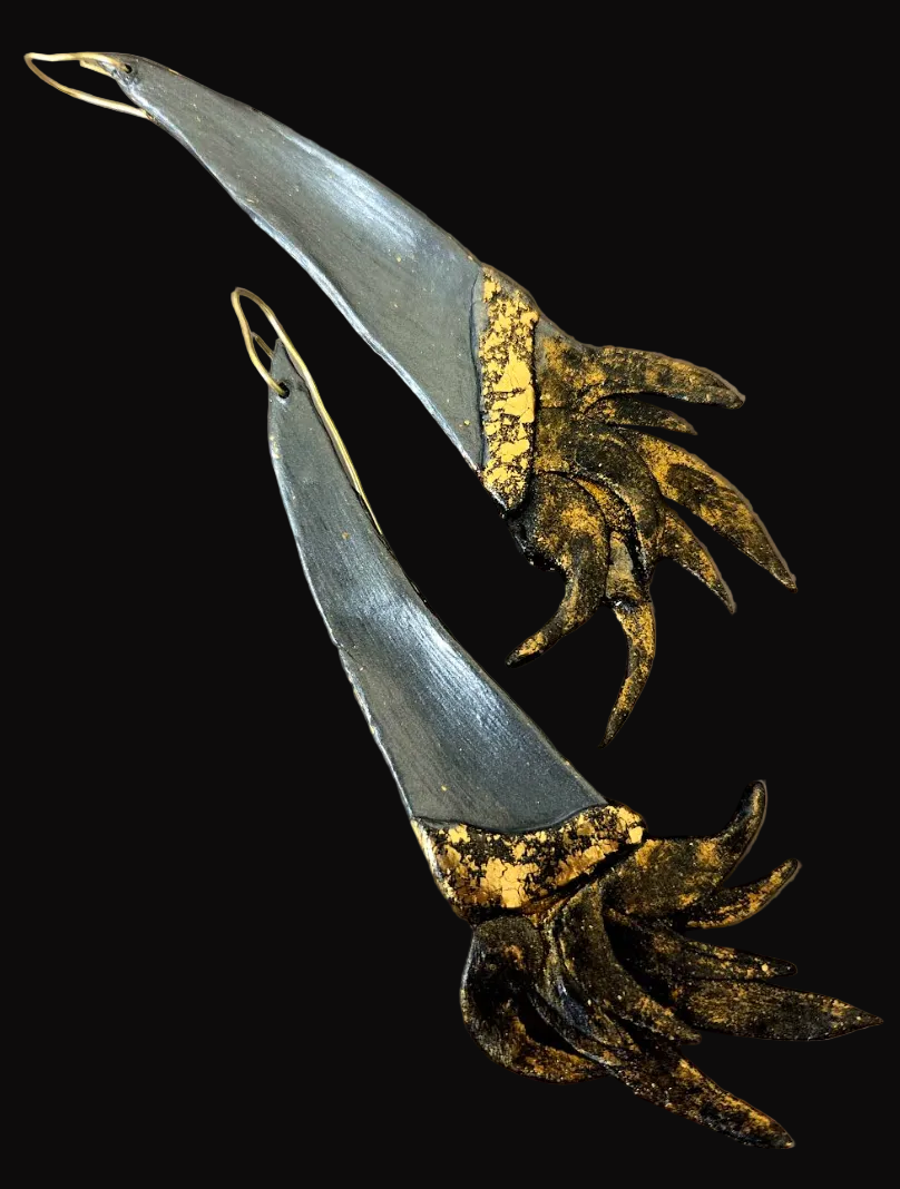 Black & Gold Flame Sculptural Avant Garde Shoulder Duster Earrings