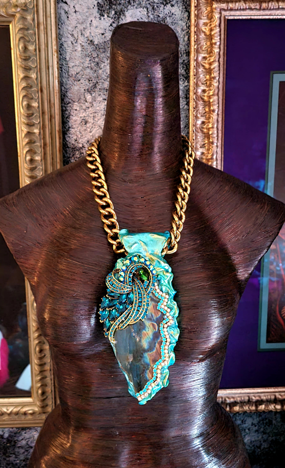 Sculpted Labradorite Pendant with Ornate Rhinestone Jewel - Bold Chain
