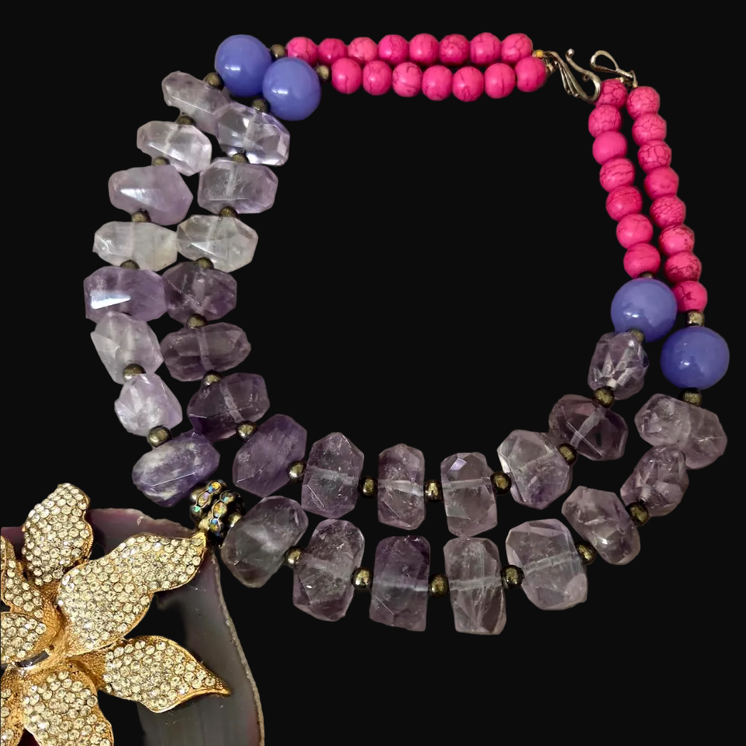 Huge Orchid Rhinestone Agate Pendant on a Faceted Amethyst Necklace
