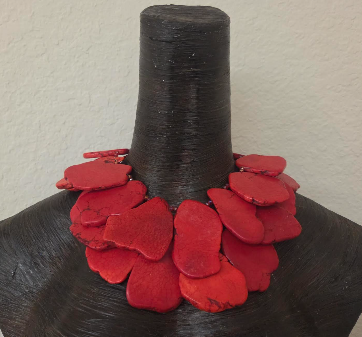 Red Orange Sea Sediment Oversized Slab Multi Strand Statement Necklace