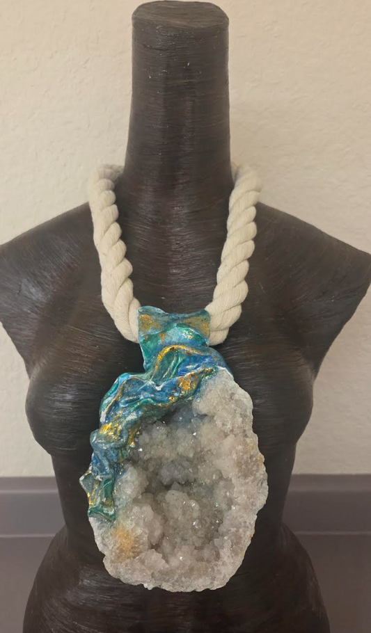 Huge Sculpted Geode Crystal Cave Pendant on a Thick Cotton Rope - Mens