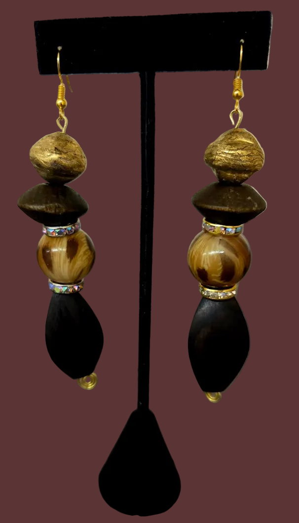 Wood Leopard & Gold Tone Beaded Shoulder Duster Pierced Earrings