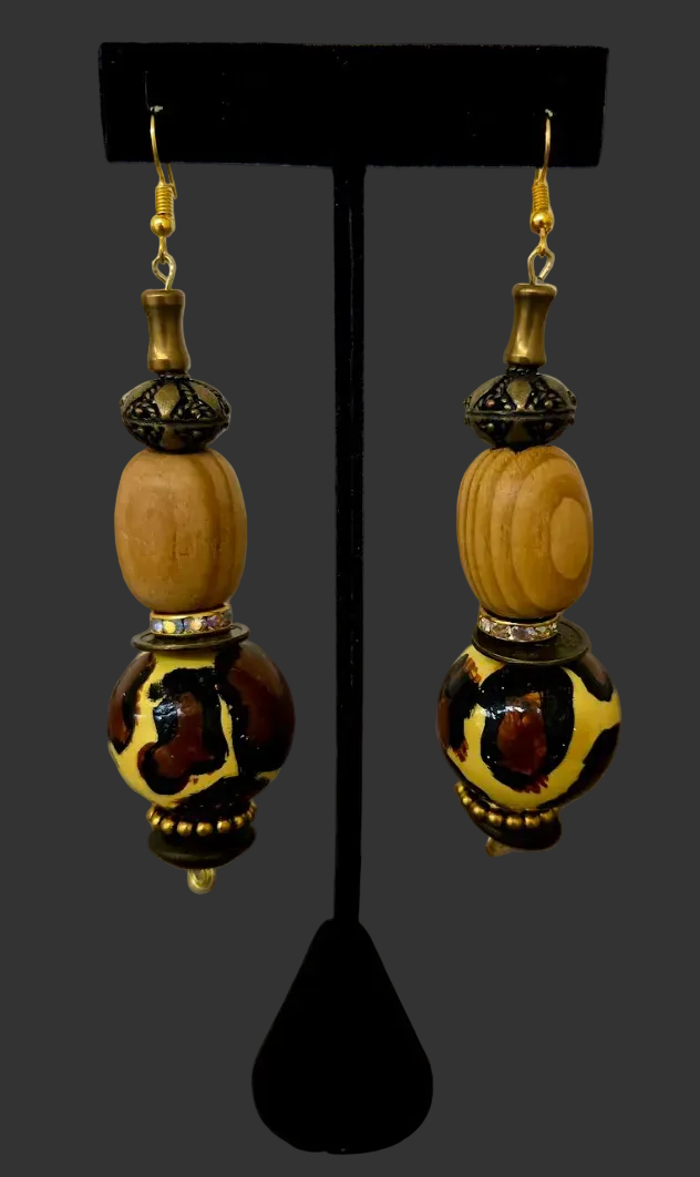Hand Painted Leopard Oversided Beaded Dangle Pierced Earrings - Wild