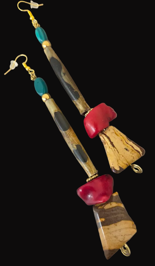 Exotic Jungle And Red Coral Shoulder Duster Pierced Earrings - OOAK