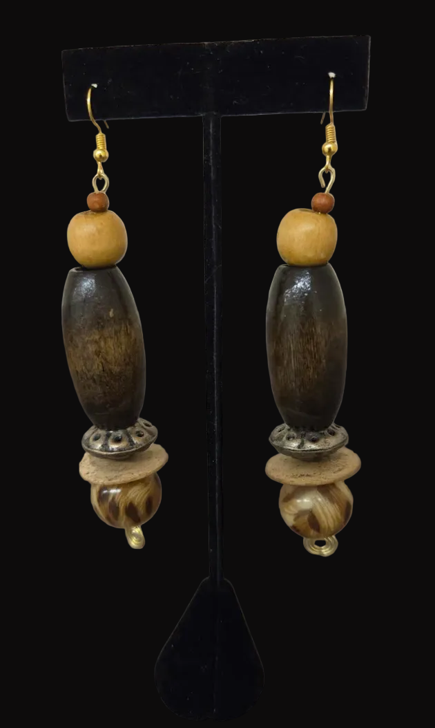 Earth Tone Beaded Long Tibal Pierced Earrings - Leopard Accent
