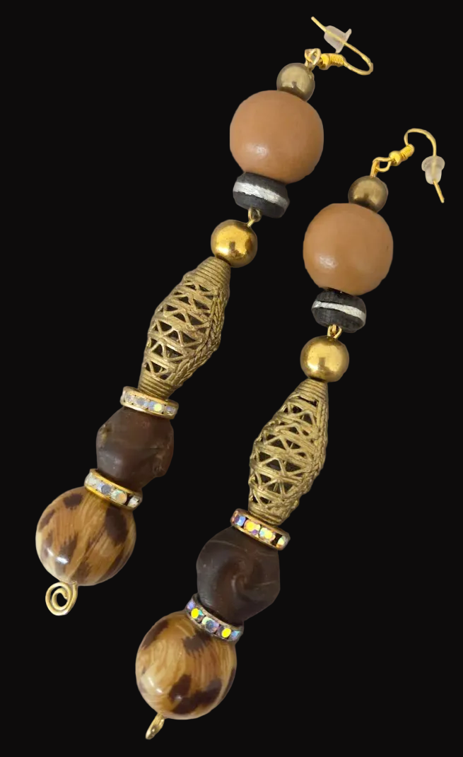 Earth Tone Beaded Shoulder Duster Pierced Earrings - Leopard & Brass