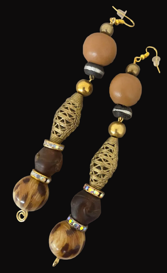 Earth Tone Beaded Shoulder Duster Pierced Earrings - Leopard & Brass
