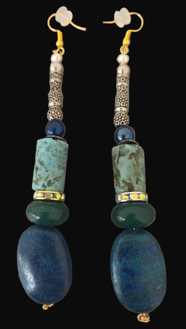 Blue and Green Mixed Gemstone Long Pierced Earrings with Metal Tubes