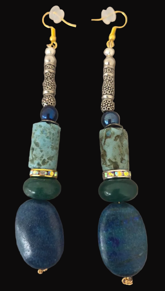 Blue and Green Mixed Gemstone Long Pierced Earrings with Metal Tubes