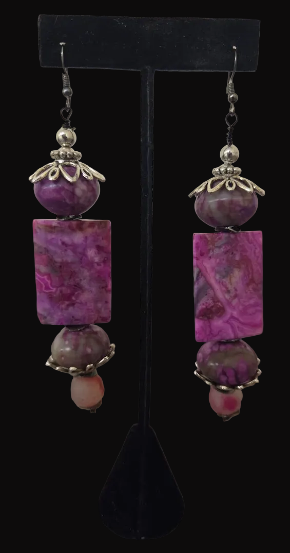 Pink Purple & Gray Gemstone Beaded Dangle Pierced Earrings - Bridal