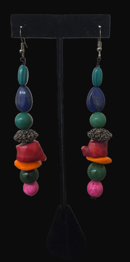 Multi Colored Mixed Gemstone Long Pierced Earrings - Bold Chunky