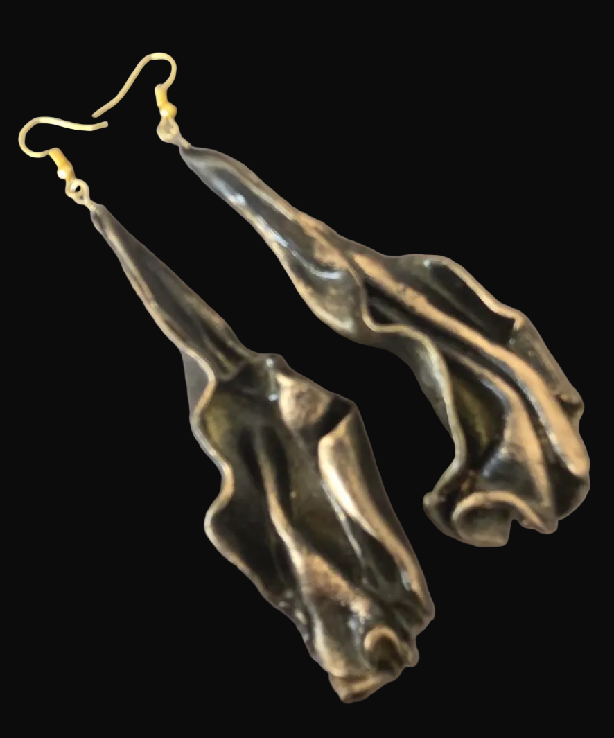 Hand Sculpted Deep Bronze Art Nouveau Shoulder Duster Pierced Earrings