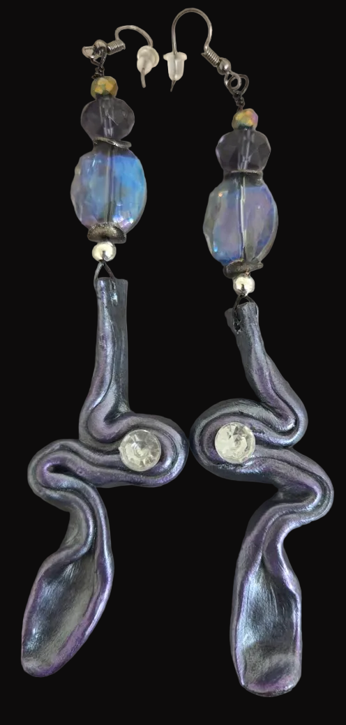 Hand Sculpted Pewter Squiggle Shoulder Duster Pierced Earrings - Sexy