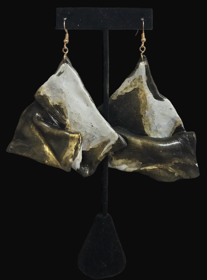 Abstract Cowhide Print Hand Sculpted Statement Pierced Earrings - OOAK