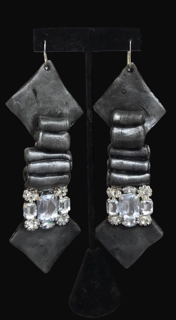 Faux Silver Pewter Metal Toned Dramatic Earrings - Haute Couture