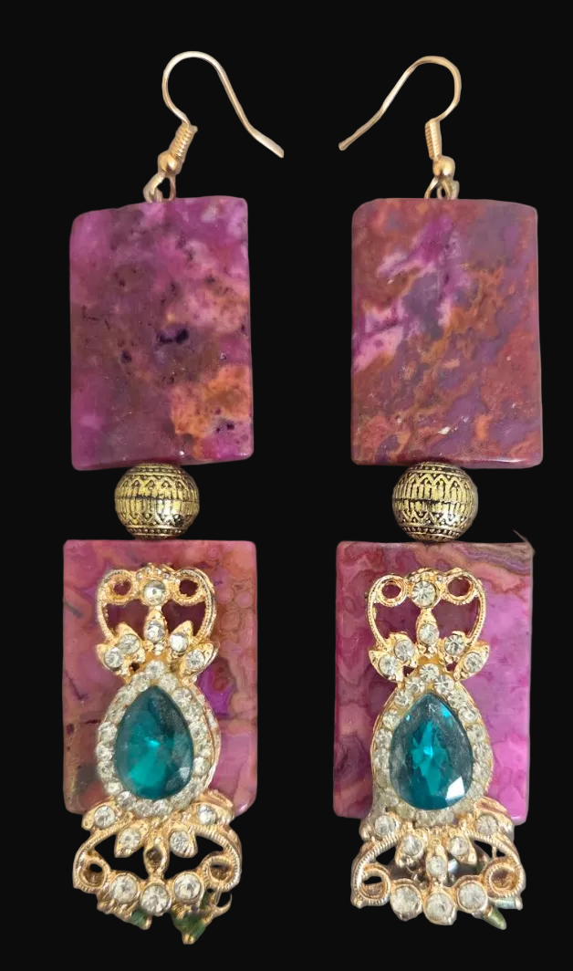 Hot Pink Crazy Lace Agate & Emerald Green Rhinestone Shoulder Dusters