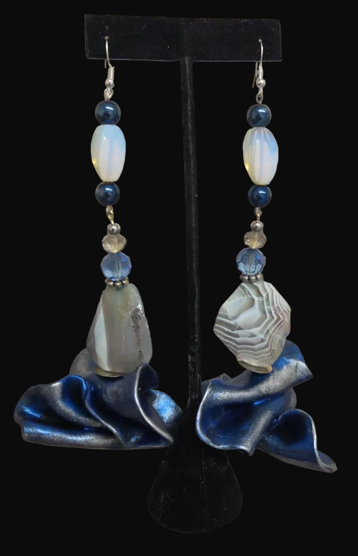 Blue Silver & White Sculpted and Beaded Shoulder Duster Earrings