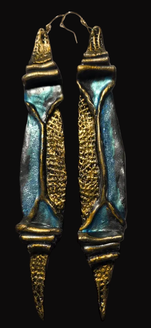 Faux Bronze Metal Sculpted Shoulder Duster Earrings - Turquoise Patina