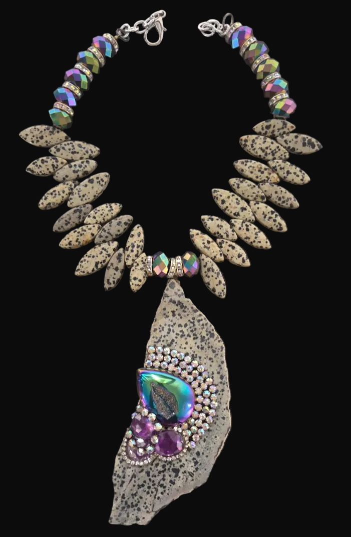 Avant Garde Dalmatian Jasper Slab Chest Piece & Jewel Tone Druzy Agate