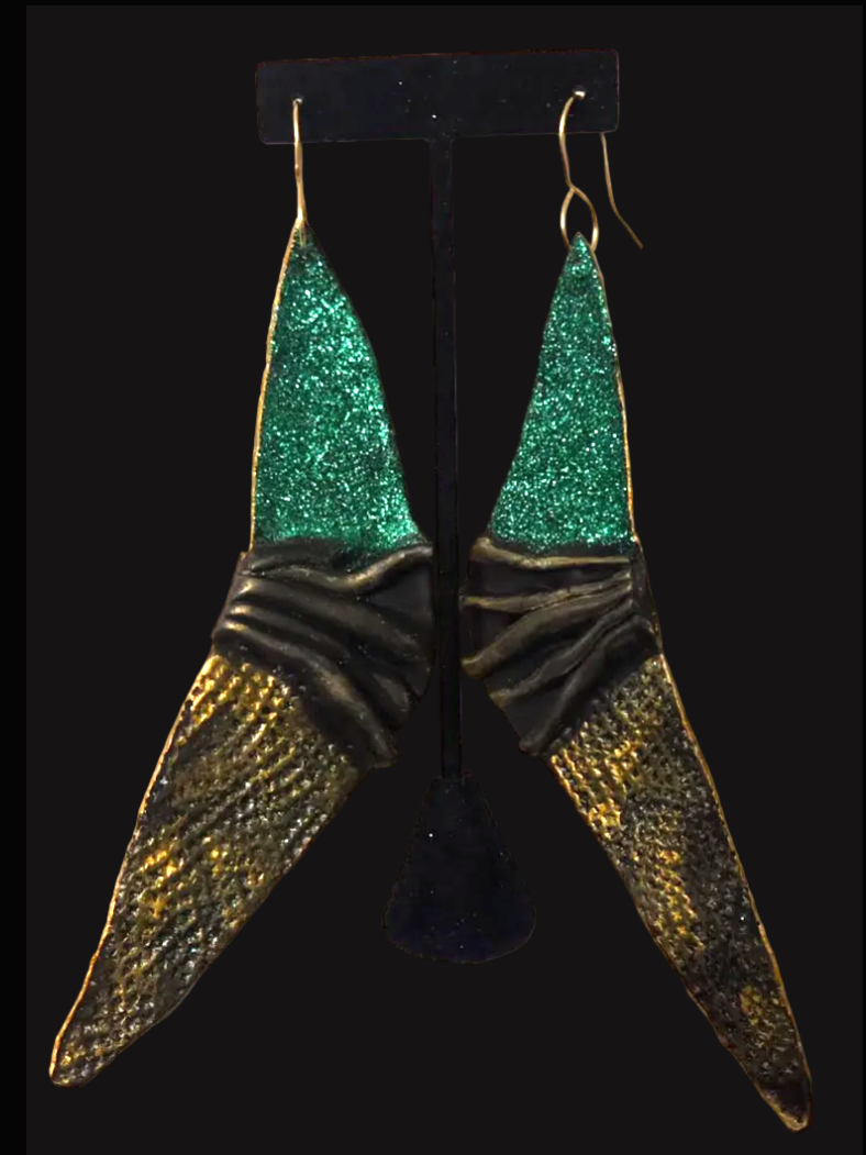 Sculpted Faux Bronze Art Deco Wing Shoulder Duster Pierced Earrings