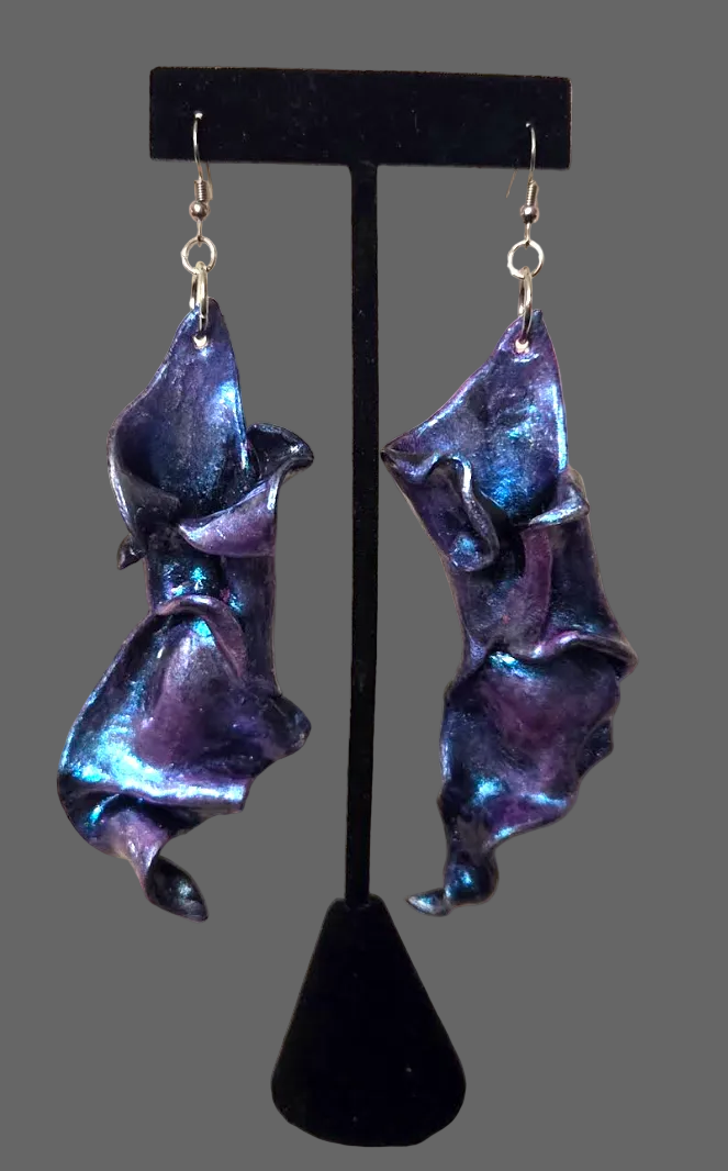Freeform Hand Sculpted Purple & Blue Color Shift Pierced Earrings