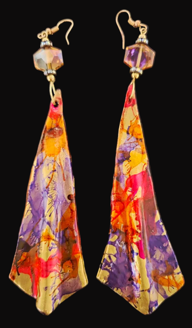 Sculpted Haute Couture Alcohol Ink Shoulder Duster Pierced Earrings
