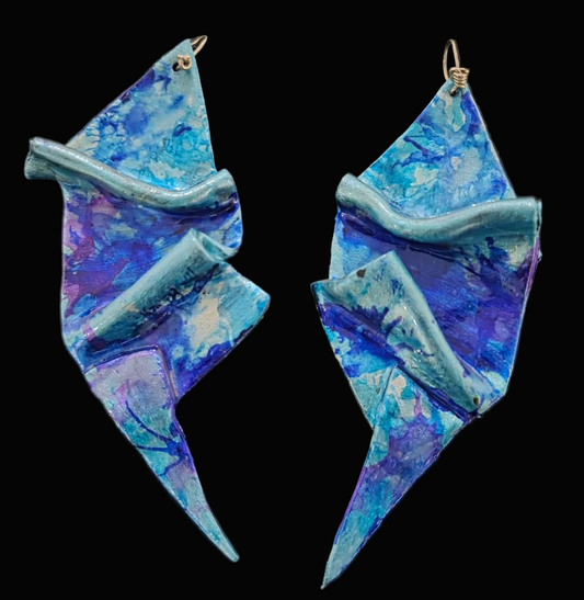 Blue Alcohol Ink Sculpted Geometric Oversized Pierced Earrings ~ Bold