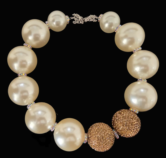 Oversized Ivory Faux Pearl Statement Necklace - Copper Rhinestone Ball