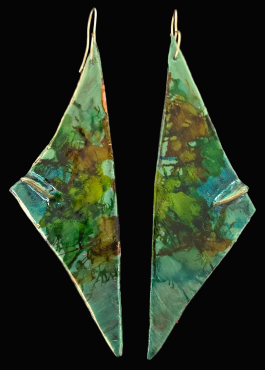 Green Triangular Hand Sculpted Long Pierced Earrings - Luxury OOAK