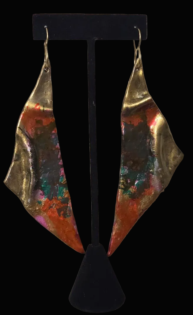 Colorful Faux Gold Metal Wing-Like Long Pierced Earrings - OOAK