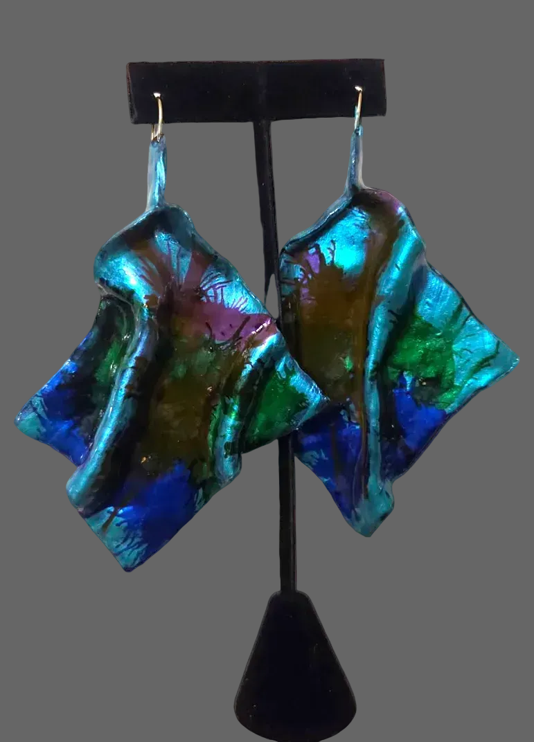 Sculpted Avant Garde Jewel Tone Alcohol Ink Pierced Earrings - Couture
