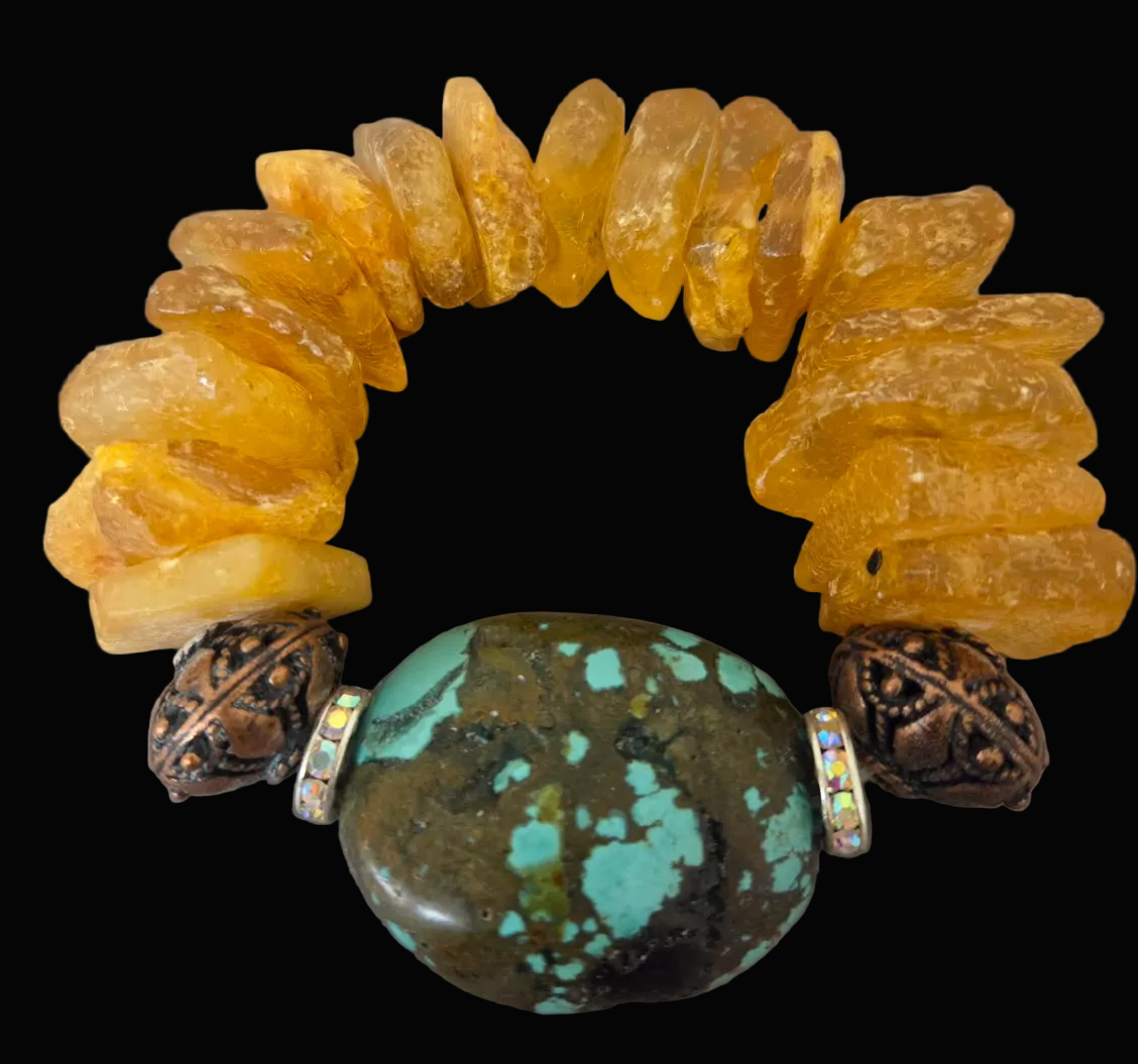 Mexican Amber, Copper Filigree & Hubei Turquoise Luxury Stretch Bracelet
