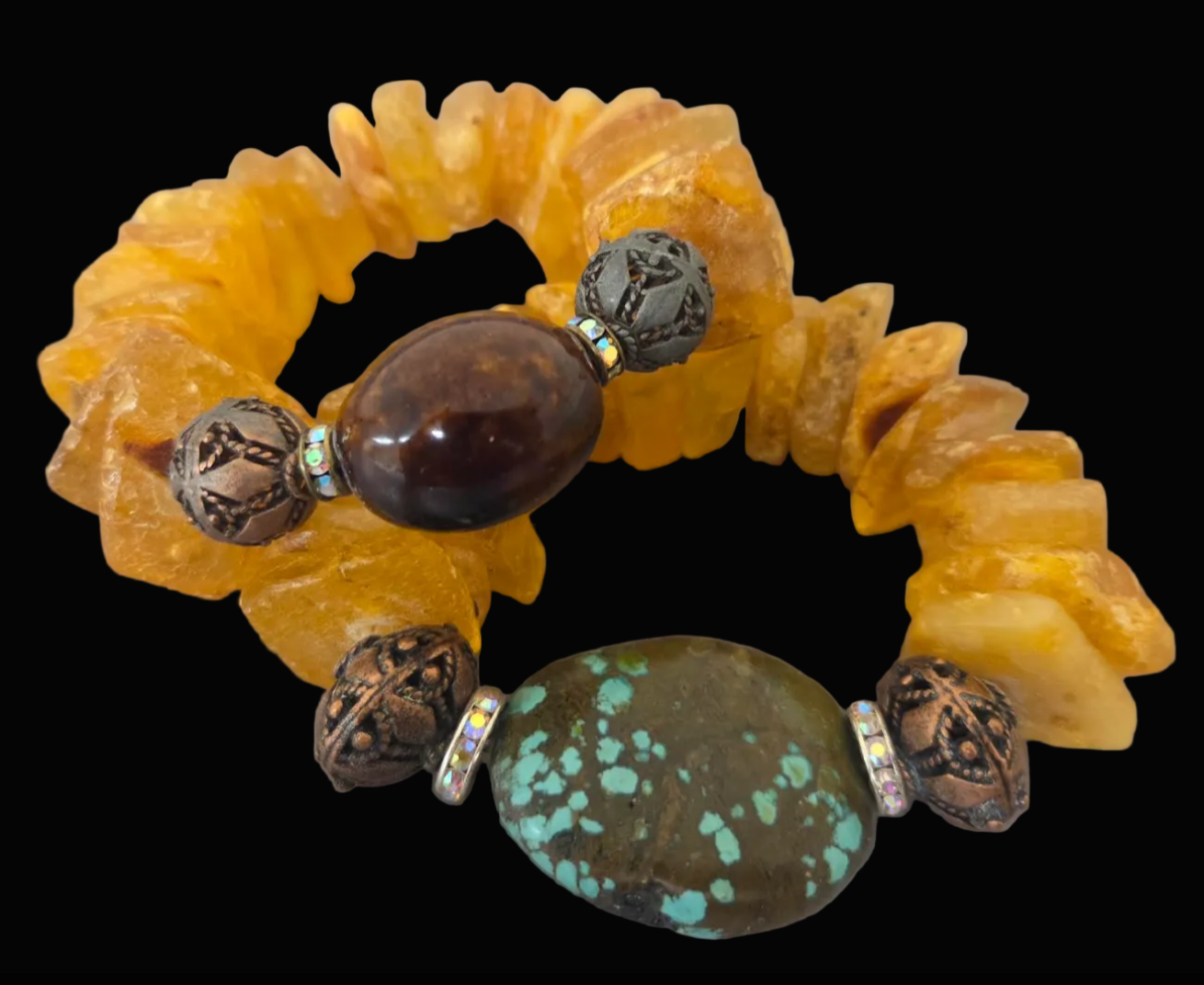 Mexican Amber, Copper & Porcelain High End Stretch Bracelet - Iris Apfel
