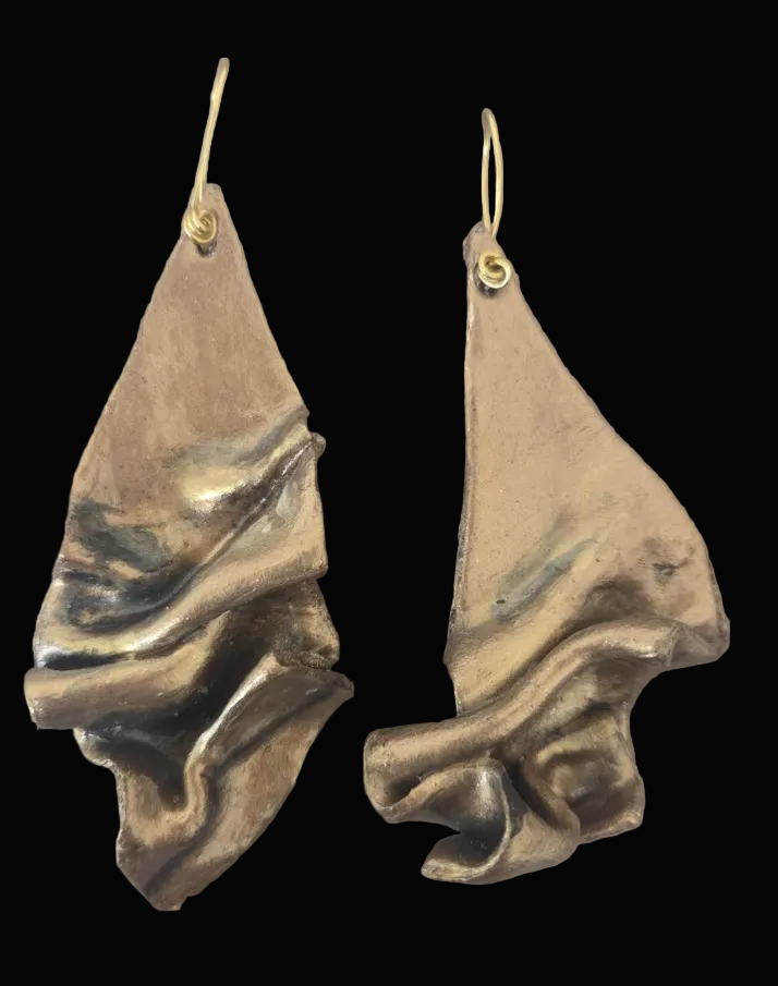 Hand Sculpted Faux Bronze Metal Dangle Pierced Earrings - Haute Couture