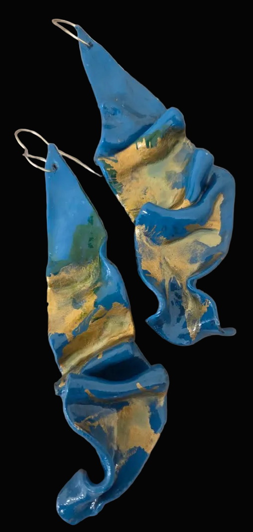 Teal & Gold Freeform Sculpted Ear Candy - OOAK Wearable Art Jewelry