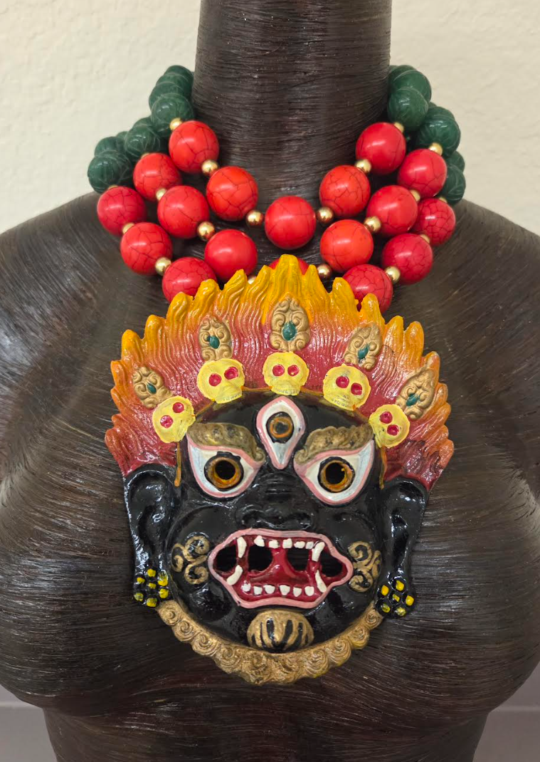 3 Strand Gemstone Beaded Statement Necklace - Mahakala Mask Pendant