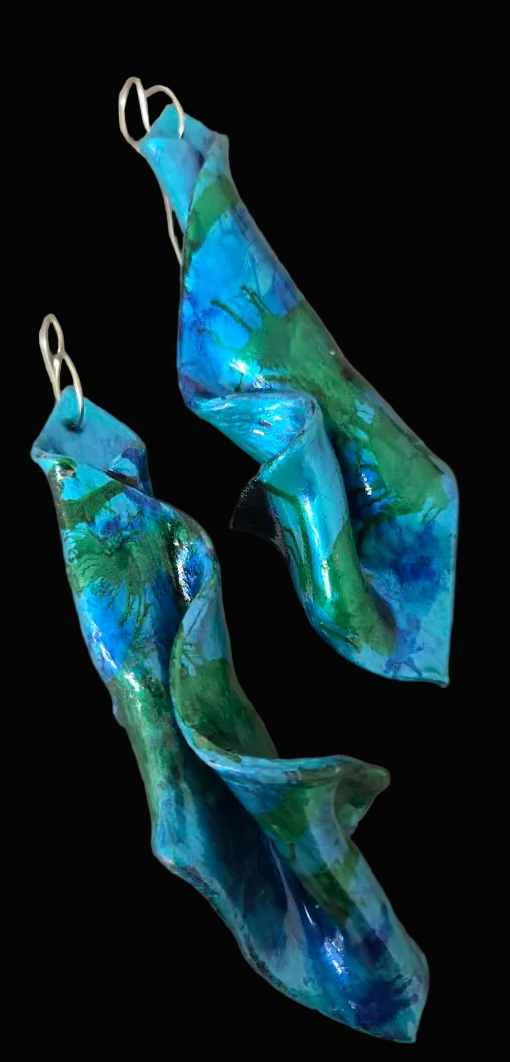 Sensuous Metallic Blue & Green Hand Sculpted Shoulder Duster Earrings