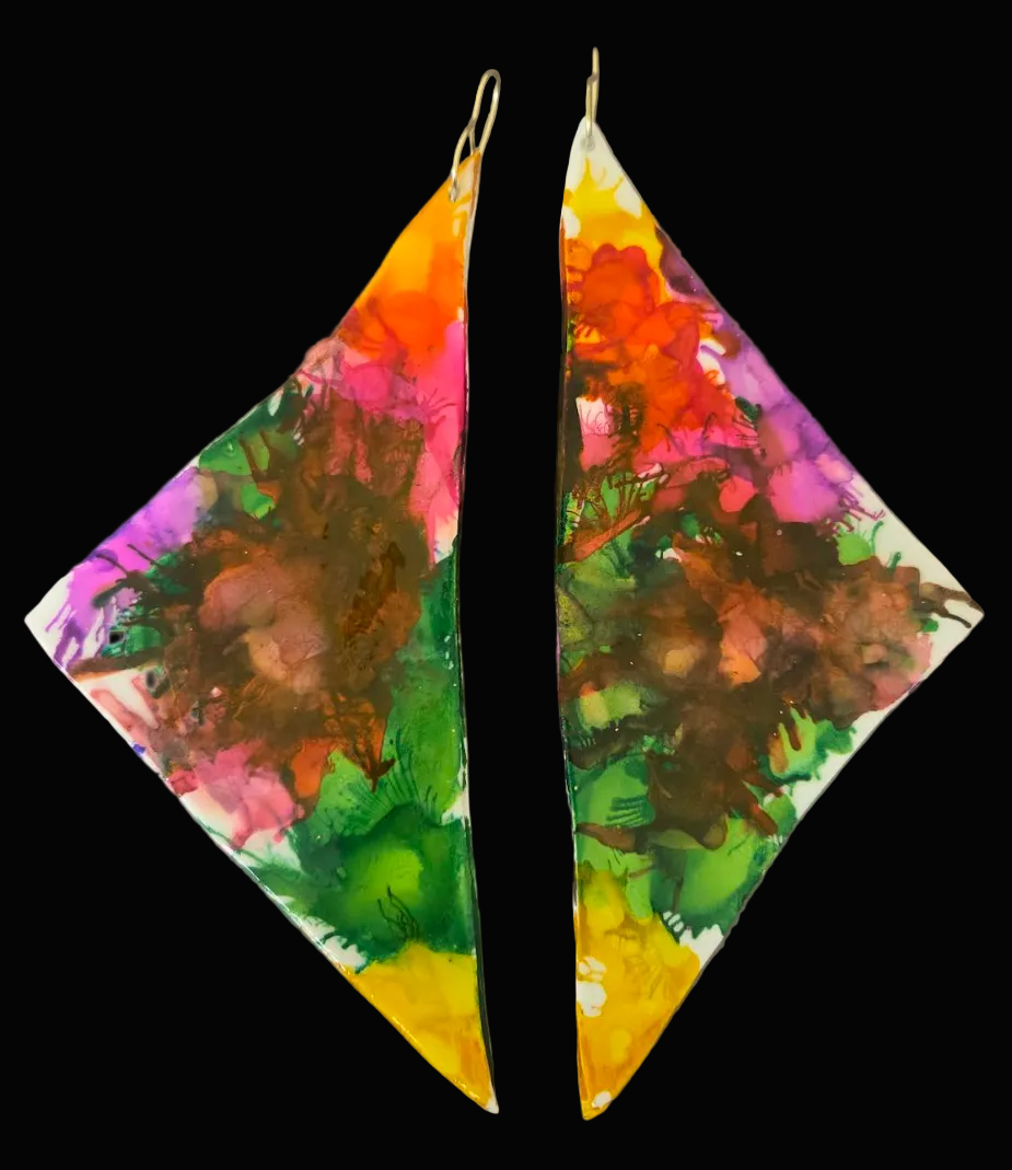 Multi Color Alcohol Ink Oversized Triangular Wing Shoulder Duster Earrings