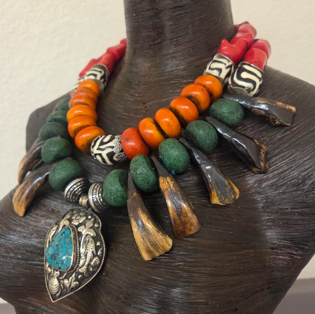 Exotic Tribal Luxe Necklace - Moroccan Resin, Zebu Bone & Bison Teeth