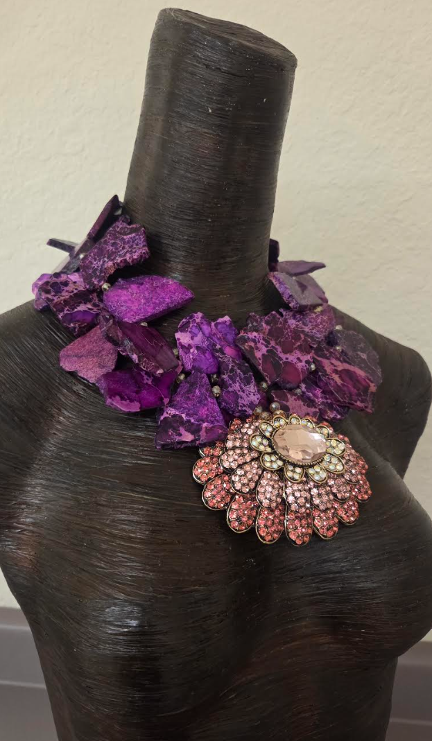 Variegated Purple Slab Statement Necklace -  Peachy Pink Bling Pendant