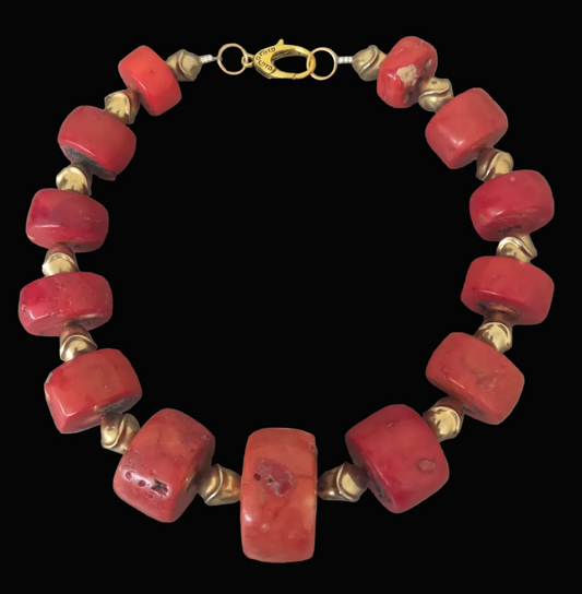 Salmon Red Bold Chunky Unisex Coral Necklace with Mid-Century Brass Beads