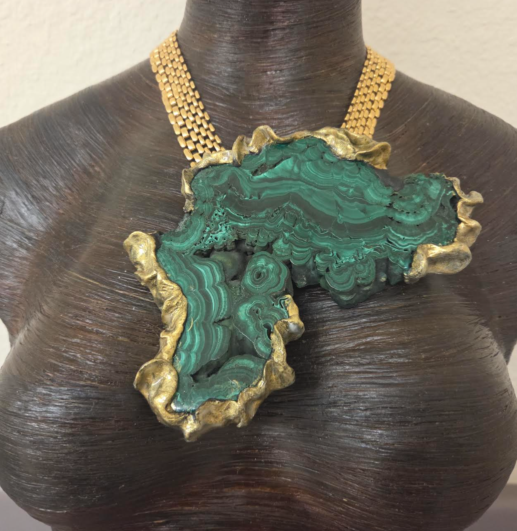 Polished Malachite Sculpted Faux Gold Statement Pendant - Bold Chain