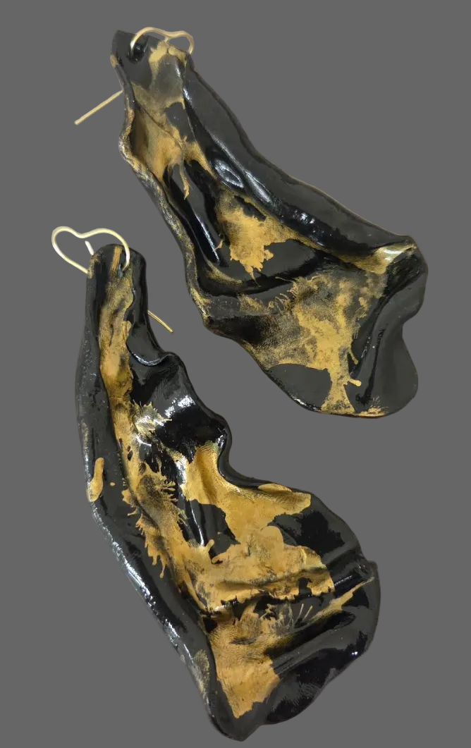 Black & Gold Hand Sculpted Avant Garde Pierced Earrings - Alcohol Inks
