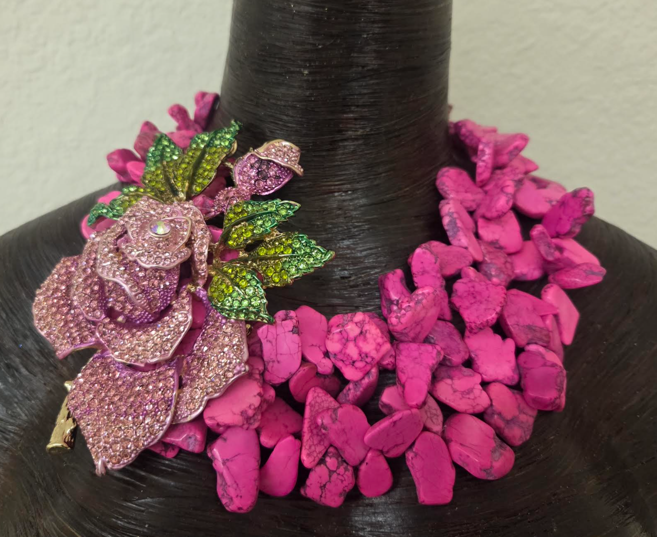 Hot Pink Magnesite Slab Statement Necklace - Detachable Rhinestone Rose Brooch
